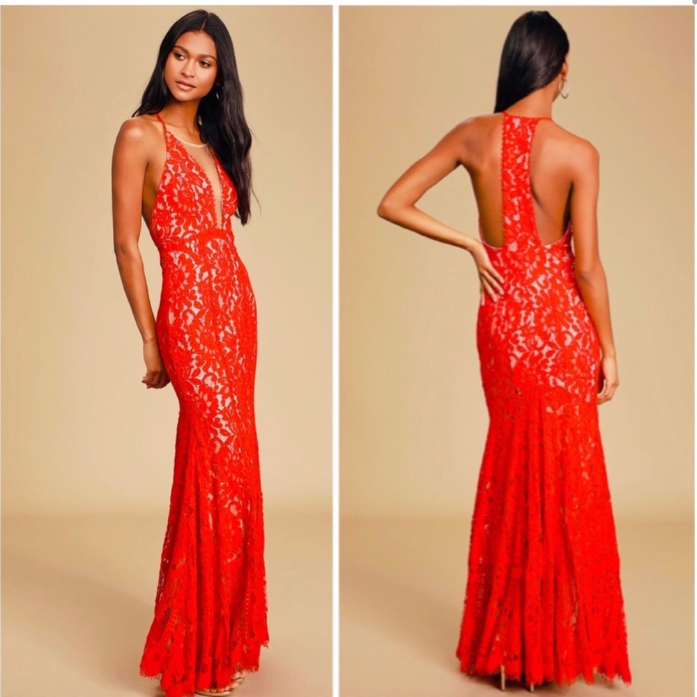 Lulu’s red lace mermaid maxi dress